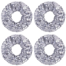 4 Pcs Sparkle Sequin Hair Scrunchie Hair Bobbles Metallic Elastics Ponytail Holders Hair Wrist Ties Bands Cloth Scrunchies for Show Gym Dance Party Club Girl Women (Silver)
