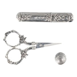 HomeSoGood 3Pcs Embroidery Scissors Kits, Vintage Sewing Scissors, Thimble and Metal Floss Bobbin Sewing Tools, European Style Sewing Scissors with Sewing Needle Case Silver