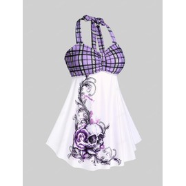 Rosegal Womens Plus Size Curve Halter Plaid Skull Print Backless Gothic Modest Tankini Swimsuit Set(White_2/4X)