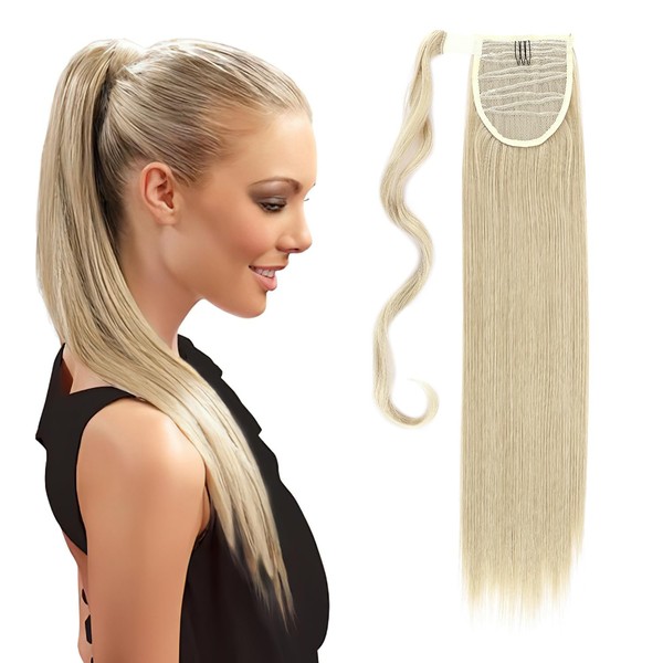 S-noilite Hairpiece Ponytail Straight Hair Extension Natural Wrap On Ponytail Like Real Hair, Hairpiece 58 cm Long, Grey Blonde Mix Bleach Blonde