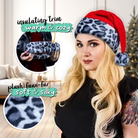 Hexonomy Red Santa Hat - Gray Snow Leopard Trim, Faux Fur - Furry Cheetah Print - Xmas Christmas Hat - Adult, 1 Size
