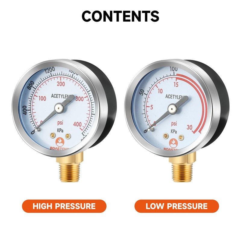 Roastove Low and High Pressure Gauges for Acetylene Regulator 0-30