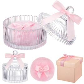 Tioncy 3 Pcs Large Body Powder Puff and Container with Gift Box Crystal Case Bow Tie Soft Washable Reusable Velour Face Body Glitter Wet Dry Makeup Elegant Crystal Glass Storage Jar for Loose Powder