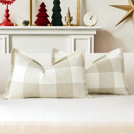 Sungeek Buffalo Check Plaid Cushion Covers 30 x 50 Set of 2 Linen Christmas Tartan Decorative Lumbar Pillow Covers with Stitched Edge for Sofa Couch Bed Living Room 12x20 Inch (Beige)