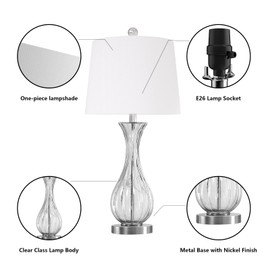 Maxax 25.5" Glass Table Lamps for Living Room Set of 2, Modern Clear Glass Bedside Lamps with White Fabric Shade Nickel Base Decor for Bedroom Nightstand, ETL Listed