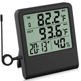 4-in-1 Thermometer Hygrometer with Alarm Clock, Large LCD, 1.5 m Waterproof Probe for Fridge/Greenhouse/Aquarium, 10-Second Refresh, Max/Min, °C/°F, Wall/Desk/Magnetic Mount