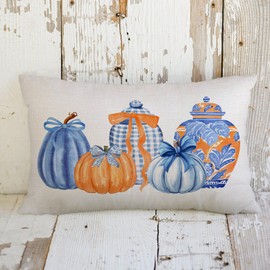 MIGEEN Fall Pumpkin Throw Pillow Cover 12x20 Inch Orange Blue Pumpkin Leaves Outdoor Farmhouse Chinoiserie Decorations Autumn Lumbar Decorative Throw Pillow Case for Home Living Room Couch Decor