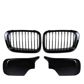 amopacorp Replacement For 1998 1999 2000 2001 E46 320i 323i 325i 328i 330i Pre-LCI Left Right Glossy Black Front Center Kidney Grille Grill + Side Mirror Cover Cap