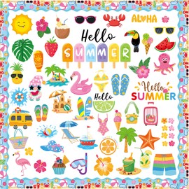 Qpout 81pcs Hello Summer Bulletin Board Decoration Set,Summertime Pool Beach Hawaiian Theme Cutouts for Summertime Tropical Theme School Classroom Office Home Decor Teacher Supplies