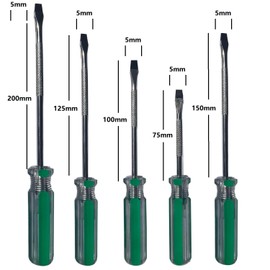 5-Piece Flat Head Screwdriver Set, 5 mm Diameter 5 x 75 mm, Slotted Screwdriver with Magnetic Tips, Sturdy Handle and Standard Precision Flat Screwdriver, 5 x 100 mm, 5 x 125 mm, 5 x 50 mm, 5 x 200 mm