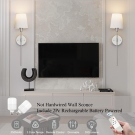 Coinmit Brushed Nickel Battery Operated Wall Sconces Set of 2,Modern 3 Colors Dimmable Indoor Wall Sconces Remote with Fabric Shade(Bulbs Include)