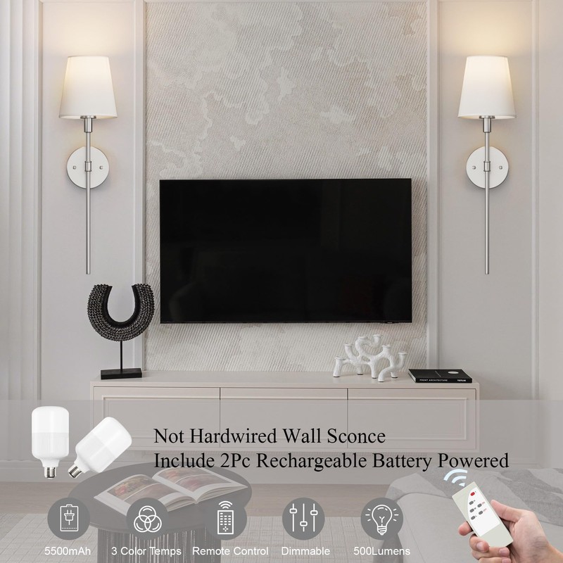 Coinmit Brushed Nickel Battery Operated Wall Sconces Set of 2,Modern