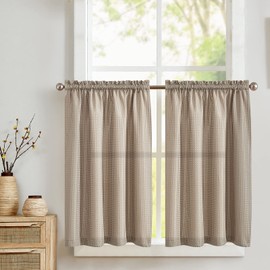 TOPICK Net Curtain, Bistro Curtain, Opaque, Short Curtain, Waffle Pattern, Thick Privacy Window Curtain for Small Windows, Bathroom, Kitchen, Living Room, Country House, Set of 2, 90 x 60 cm, Brown