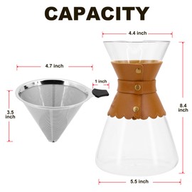 YMMIND 34oz Pour Over Coffee Maker with Double Layer Stainless Steel Filter, Borosilicate Glass Dripper, Detachable Heat-Resistant Leather Pad 7-8 Cups Coffee Maker Carafe（Light brown）