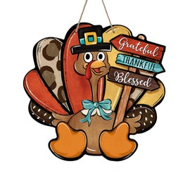 Bolisom Thanksgiving Turkey Front Door Sign, Fall Grateful Thankful Blessed Wood Hanger Outdoor Outside Porch Home Decor, Autumn Farmhouse Wooden Wreath Indoor Wall Hanging Decoration