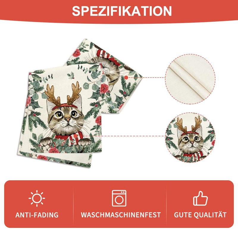 Artoid Mode Holly Flowers Eucalyptus Cat Christmas Table Runner, Winter,