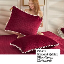 2 Pack Diamond Quilted Velvet Bed Pillowcases, Pom Poms Fringe Decorative Throw Pillow Shams Set of 2, Soft Bed Pillow Cases Zipper Closure for Teen's Girls Bedroom (Burgundy, King)