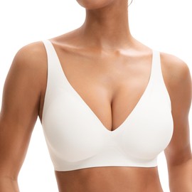 INNERSY Women's Bra Without Underwire Seamless Bra V-Neck Comfortable Classic Bra with Bra Extension, White, XXL