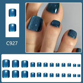 Blue Cat Eye Press on Toenails Short Square Fake Toenails Glossy Blue Solid Color Toe Nails Full Cover Toe Nails for Women