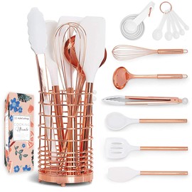 White Silicone & Copper Kitchen Utensils Set with Holder - 17 PC Rose Gold Kitchen Utensils Set includes White & Copper Measuring Cups and Spoons & Copper Utensil Holder - Copper Kitchen Accessories