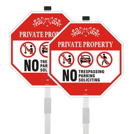 Andchi 2pcs Private Property Signs Safety Signs Yard Sign No Trespassing No Parking No Soliciting Sign, Alu Sign with Stake and Accessories(Red, 30 * 30cm)