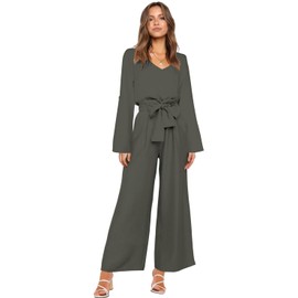 FANCYINN Womens 2 Piece Crop Pants Set V Neck Long Sleeves Tops High Waisted Cropped Paper Bag Pants with Belt Dark Olive Pants & Blouse M