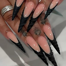 Black French Tip Press On Nails Long Almond Press Ons Nails For Women