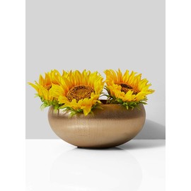 Serene Spaces Living Gold-Brushed Textured Aluminum Decorative Bowl, Measures 8" Wide and 4" Tall – Perfect for Floral Arrangements or Floating Candle Displays