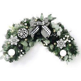 Valery Madelyn Pre-Lit Christmas Swag for Decorating Outdoor, 24 Inch Black White Mailbox Swag Decoration Teardrop with 20 LED Lights, Ball Ornaments for Front Door Stairway Window Shelf Xmas Decor