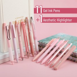 Mr. Pen- Gel Ink Pink Pen Set, 12 Pack, 1 x Aesthetic Highlighter, 0.5mm Cute Pink Pens Black Ink with Pastel Barrels