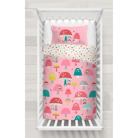 HlpiAMok Cosatto: 100% Cotton Cot Duvet Cover and Pillowcase Set - 90cm x 120cm (Mushroom Magic - Pink)