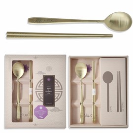 BALWOO [5 Sets] [Made in Korea] Korean Sticky Rice Spoon Chopsticks Set Gold Titanium Plating 304 Stainless Steel Tableware Cutlery Set Mukbang Chopsticks (Cosmos TITANIUM, 5 Sets)