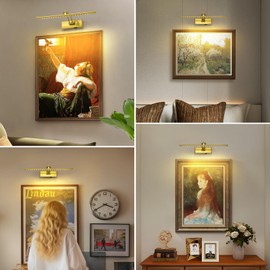 JOOSENLUX Battery Operated Picture Light - Wireless Art Display Light with Dimmer, Timer Off and Swing Arm, 5000mAh Rechargeable Battery, 16-Inch Brass Wireless Wall Sconce