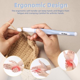 Gancho de ganchillo grande de 15 mm, aguja ergonómica de ganchillo para manos artríticas, ganchos de ganchillo con mango de goma extra largo para tejer suéteres, chales y alfombras