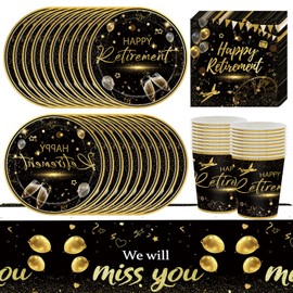 61Pcs Retirement Party Tableware Set, Black and Gold Retirement Party Supplies Happy Retirement, Disposable Tableware Decorations Men's Gifts Women's Farewell Party, Plates, Cups, Napkins, Tablecloths