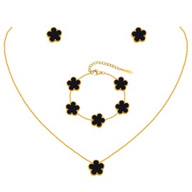 Gold Necklaces Bracelets Earring Set - 18K Gold Plated Flower Bracelet Chain,Stainless Steel Non Tarnish Floral Pendant Stud Jewelry Sets,Christmas Birthday Lucky Gift for Mom Wife Daughter Girlfriend