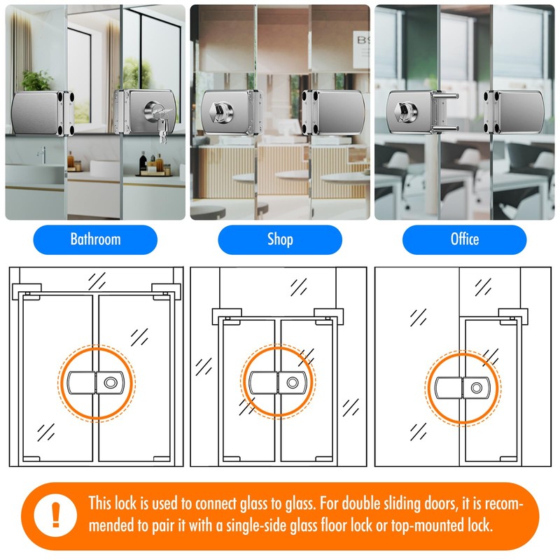 Ranbo No-Drill Double Glass Door Lock with Key for Swing