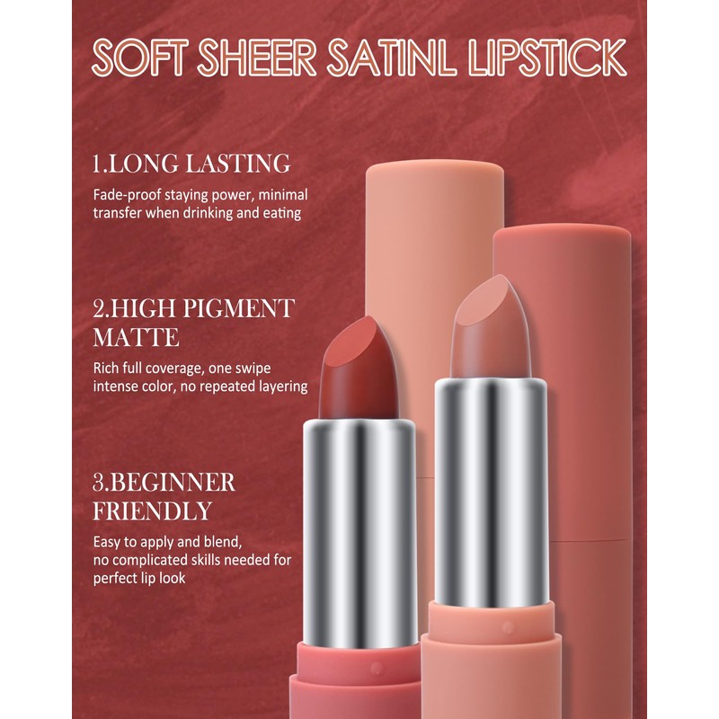 Matte Lipstick for Women, Brick Red Lipstick Long Lasting Beauty
