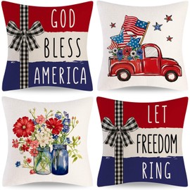 XGXHZYLC Independence Day Pillow Covers 18x18 Set of 4 Patriotic 4th of July Star Stripes Throw Pillow Case Truck God Bless America Decorative Pillow Case Cushion Cover for Home