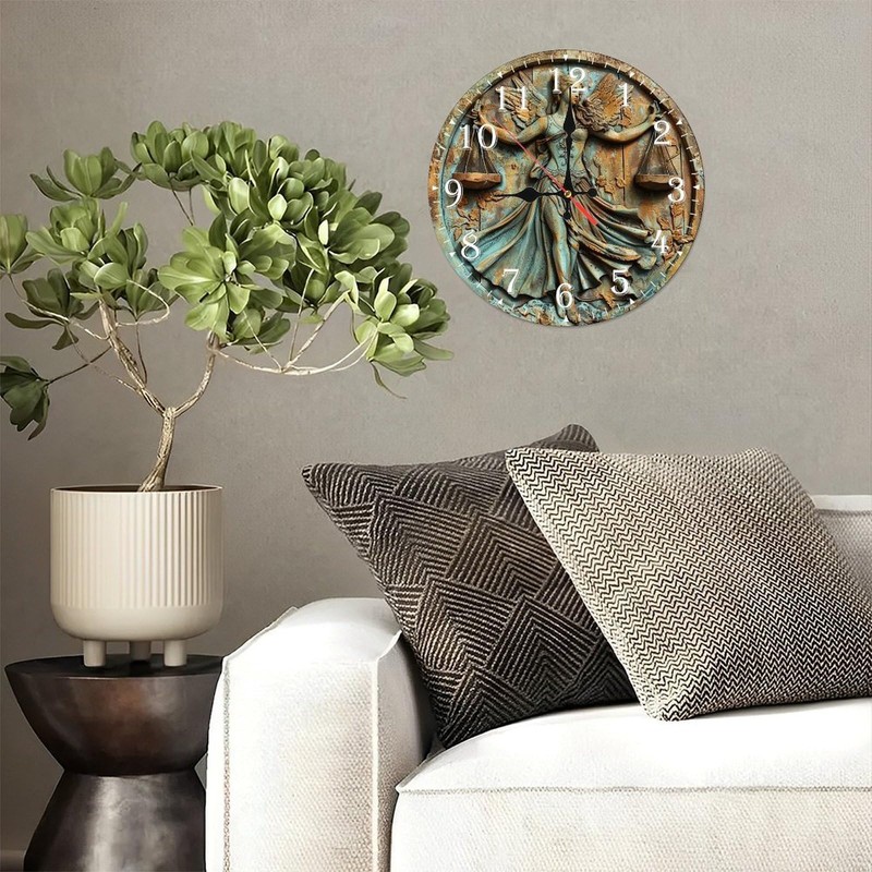 Lancholy 10-Inch Silent Wooden Wall Clock, Angel Holding Scales Antique