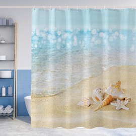 Winteriew Beach Shower Curtains Simple Style Sea Wave Sunshine Conch Starfish Sand Vacation Summer Theme Small Window Curtain Bathroom Decor Set with Hooks Waterproof Washable 72 x 72 Inches