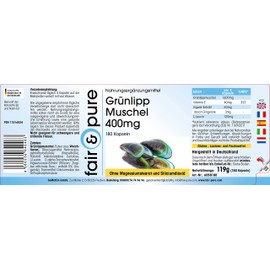 Fair & Pure® - Grünlipp Muschel 400mg mit Ingwer - 180 Kapseln - Yucca und Vitamin E - aus Neuseeland - hochdosiert