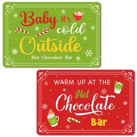 MorningRo 2 Pcs Hot Chocolate Bar Metal Sign, 12x8 Inch Christmas Baby It's Cold Outside Hot Cocoa Bar Metal Sign Decor for Wall Home Kitchen Coffee Shop(Stylish Style,Red and Green)