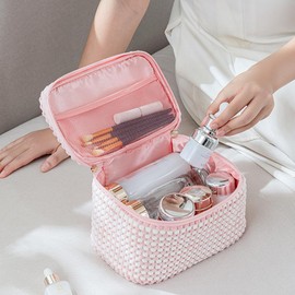 Kytpyi Cosmetic Bag Set, Cosmetic Bag Travel, 2 Pieces Stylish Corduroy Makeup Bag Large with Compartments for Toiletries, Portable Soft Toiletry Bag Women for Dating, Party, Travel (Pink Dot), Pink