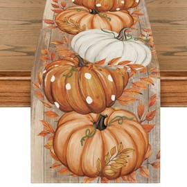 Artoid Mode Orange Polka Dot Pumpkin Eucalyptus Wood Fall Table Runner, Seasonal Autumn Kitchen Dining Table Decoration for Home Party Decor 13x90 Inch