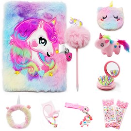 ICEBLUEOR Unicorn Secret Diary for Girls, Fluffy Girls Diary with Lock and Key, Lockable Unicorn Kids Journal Notebook Set, Unicorn Gifts Christmas Birthday Gifts for Girls 6 7 8 9 10 Year Old