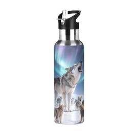 Wolf Aurora Water Bottle with Straw Lid Kids Insulated Stainless Steel Water Flask Sports, 20 Oz Hot Cold