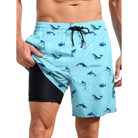 Lzzidou Mens Board Shorts with Compresssion Liner 7 Inch Inseam Swim Trunks Quick Dry Bathing Suit with Zipper Pockets