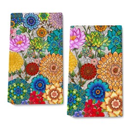 Oblivix Spring Boho Floral Kitchen Towels Colorful Dish Towels Decorative Set of 2, Retro Flower Tea Towel Hand Towel, Cute Cooking Baking Gifts for Women,Boho Kitchen Decor