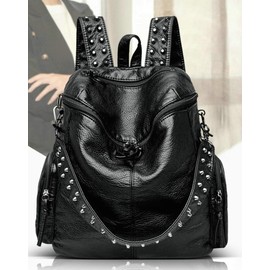 Hycurey Womens Stylish Rivet Backpack Washed Multi Pocket Knotted Zipper Soft Leather Bag Trendy Travel Daypack Satchel Purse